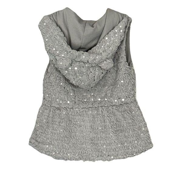 Little Lass | Grey Fleece Faux Fur Sequins Hooded Full Zip Vest Size 4 - Picture 2 of 12